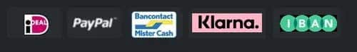Pictogrammen voor vijf betaalmethoden: iDEAL, PayPal, Bancontact Mister Cash, Klarna en IBAN, weergegeven op een donkere achtergrond.