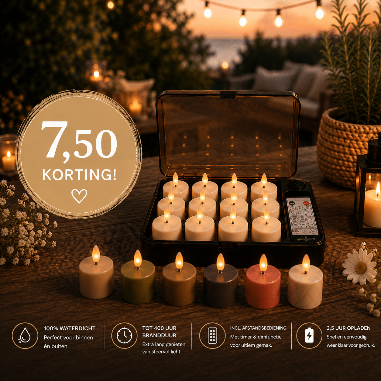 Een setje LED-theelichtjes die warm schijnen op een tafel buiten, met een afstandsbediening in een doosje en lichtslingers op de achtergrond. De tekst vermeldt een korting van € 7,50 en bevat pictogrammen die de voordelen van het product benadrukken.